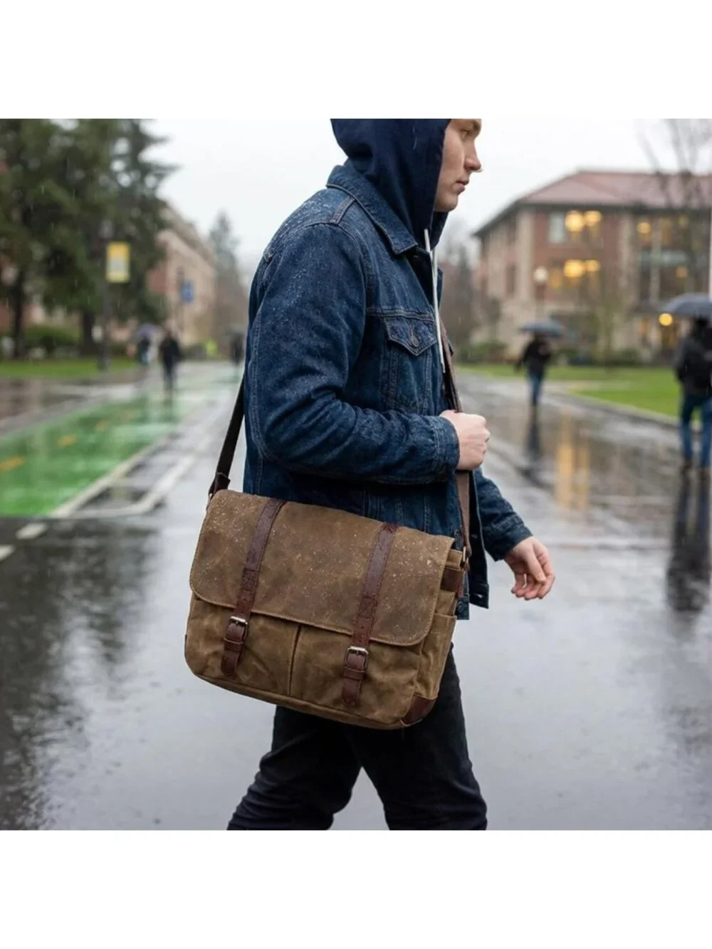 Vintage Leather Waxed Canvas Briefcase - Large Rugged Satchel for 15.6